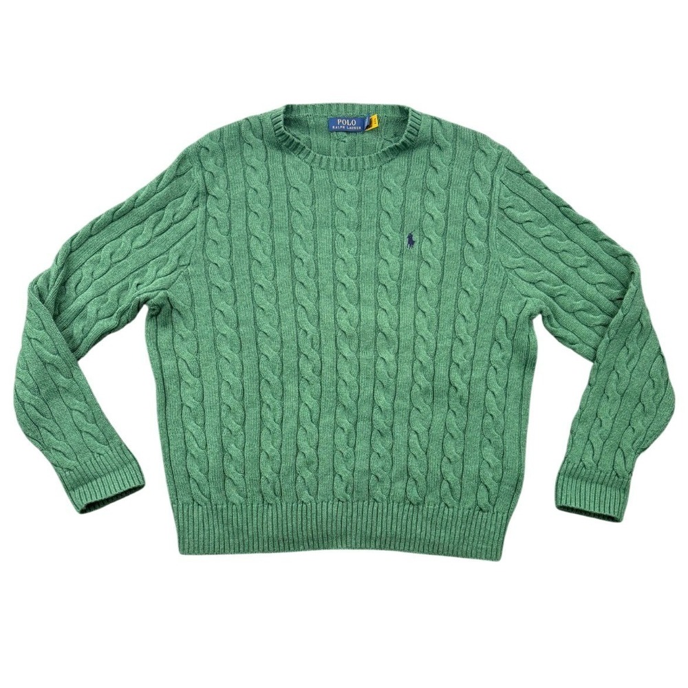 Polo Ralph Lauren Mens Cable Knit Cotton Sweater Sage Green Crew Neck Size L